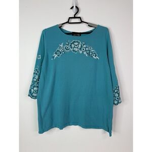 Bob Mackie Top Women's XL‎ Wearable Art Blouse  Embroidered Floral Turquoise